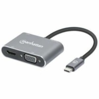 Manhattan USB-C to HDMI & VGA 4-in-1 Docking Converter with Power Delivery - for TV/Monitor/Projector/Notebook/Keyboard/Mouse/Smartphone/Tablet/Desktop PC - USB Type C - 2 Displays Supported - 4K, Full HD - 3840 x 2160, 1920 x 1080 - 3 x USB Ports - 1 x USB Type-A Ports - USB Type-A - 2 x USB Type-C