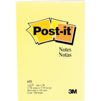 Post-it® Adhesive Note - 4 1/64" Flag/Note Width x 5 63/64" Flag/Note Length - Rectangle - 100 Sheets per Pad - "Canary Yellow - Paper - Removable, Indispensable, Recyclable - Recycled - 6 / Pack