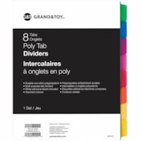 Grand & Toy Poly Tab Dividers, Multi-Coloured, Letter-Size, 8-Tabs/ST, 1-ST/PK - Blank Tab(s) - 8 Tab(s)/Set - Letter - 8.50" (215.90 mm) Width x 11" (279.40 mm) Length - 3 Hole Punched - Multicolor Polypropylene Divider - Multicolor Tab(s) - Durable, Long Lasting, Non-stick, Tear Resistant, Writabl