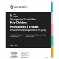 Grand & Toy Transparent Insertable Poly Dividers, Multi-Coloured, 5-Tabs/ST, 1-ST/PK - Blank Tab(s) - 5 Tab(s)/Set - Letter - 8.50" (215.90 mm) Width x 11" (279.40 mm) Length - 3 Hole Punched - Multicolor Polypropylene Divider - Multicolor Tab(s) - Insertable Tab, Insertable Label, Durable, Non-stic