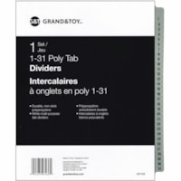 Grand & Toy Poly Tab Dividers, White with Black, Numbered (1-31), 31-Tabs/ST, 1-ST/PK - 31 Printed Tab(s) - 1-31 - 31 Tab(s)/Set - Letter - 8.50" (215.90 mm) Width x 11" (279.40 mm) Length - 3 Hole Punched - White Divider - Polypropylene Tab(s) - Durable, Long Lasting, Non-stick - 1 / Pack