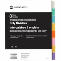 Grand & Toy Transparent Insertable Poly Dividers, Multi-Coloured, 8-Tabs/ST, 1-ST/PK - Write-on Tab(s) - 8 Tab(s)/Set - Letter - 8.50" (215.90 mm) Width x 11" (279.40 mm) Length - 3 Hole Punched - Transparent Divider - Polypropylene Tab(s) - Tear Resistant, Writable, Non-stick, Long Lasting, Inserta