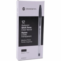 Grand & Toy Premium Ballpoint Pens, Black, Medium, Box of 12 - 0.7 mm (0.03") Medium Round Pen Point - Black Ink - Clear Barrel - 12 / Box