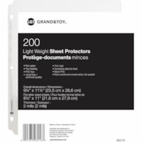 Grand & Toy Lightweight Sheet Protectors, Non-Glare, Letter Size, 200/PK - 9.2" (233.7 mm) Width x 11.2" (284.5 mm) Length x 0" (0.1 mm) Thickness - Sheet, Document Capacity - For Letter 8" (203.20 mm) x 11" (279.40 mm) Sheet - 3 x Holes - 3 x Rings - Ring Binder - Top Loading - Clear - Vinyl - 200 