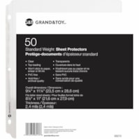 Grand & Toy Standard Weight Sheet Protectors, Clear, Letter Size, 50/PK - 9.2" (233.7 mm) Width x 11.2" (284.5 mm) Length x 0" (0.1 mm) Thickness - Sheet Capacity - For Letter 8 1/2" (215.90 mm) x 11" (279.40 mm) Sheet - 3 x Holes - 3 x Rings - Ring Binder - Top Loading - Clear - Vinyl - 50 / Pack