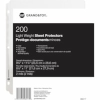 Grand & Toy Lightweight Vinyl Sheet Protectors, Clear, Letter Size, Pack of 200 - 9.2" (233.7 mm) Width x 11.2" (284.5 mm) Length x 0" (0.1 mm) Thickness - Sheet, Document Capacity - For Letter 8 1/2" (215.90 mm) x 11" (279.40 mm) Sheet - 3 x Holes - 3 x Rings - Ring Binder - Top Loading - Clear - V