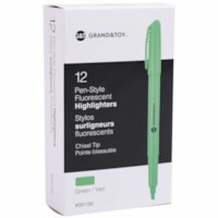 Grand & Toy Pen-Style Fluorescent Highlighters, Fluorescent Green, Chisel Tip, 12/BX - Fine Chisel Marker Point - Fluorescent Green Ink - Fluorescent Green Barrel - 12 / Box