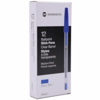 Grand & Toy Premium Ballpoint Pens, Blue, Medium, Box of 12 - 0.7 mm (0.03") Medium Round Pen Point - Blue Ink - Clear Barrel - 12 / Box