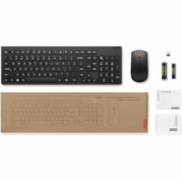 Clavier et souris Essential - Français (Canada) Lenovo - USB Type A Sans fil RF 2,40 GHz Clavier - Français (Canada) - Noir - USB Type A Sans fil RF Souris - Optique - 1600 dpi - 3 Bouton - Roulettes avec frein - Noir - Symétrique - AAA, AA - Comptible avec PC