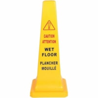 Globe Safety Cone English-French - Small/ 26"H / Yellow - "CAUTION ATTENTION WET FLOOR PLANCHER MOUILLÉ" Print/Message - 12.50" (317.50 mm) Width x 36" (914.40 mm) Height x 12.50" (317.50 mm) Depth - Cone Shape - Stackable, Heavy Duty, Lightweight - Safety - Plastic - Yellow - 1 Each