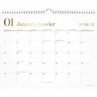 Mead WorkStyle Wall Calendar 15" x 12" Bilingual White/Gold - 12 Month - January 2025 - December 2025 - 1 Month Single Page Layout - 12" (304.80 mm) x 15" (381 mm) Sheet Size - Twin Wire - Wall Mount - White, Gold - 12" (304.80 mm) Height x 14.9" (377.83 mm) Width - Unruled Monthly Section, Durable,