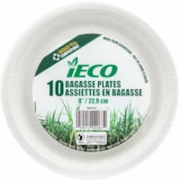 Nappe - Plaque - Blanc iECO - Alimentaire - Jetable - Adapté au micro-ondes - diamètre de 9 po (228,60 mm) - Blanc - Bagasse, Canne à sucre Corps - Rond - 24 / emballage - 240 / Carton