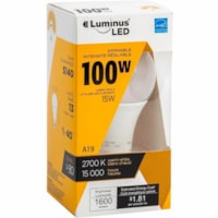 Luminus LED Light Bulb - 15 W - 100 W Incandescent Equivalent Wattage - 1600 lm - A19 Size - Warm White Light Color - 2700°K Color Temperature - Dimmable - 6 / Case