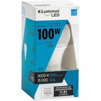 Ampoule DEL Luminus - 15 W - 100 W Puissance d'incandescence équivalente - 1600 lm - A19 Taille - Light Color Lumière du jour - 15000 Heure - 5000 °K Température des couleurs - Graduable - 1 Unité