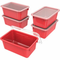 Storex Small Cubby Bin with Lid, Red - Lid, Drop Resistant, Crack Resistant - Red - Plastic - 5 / Pack