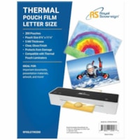 Royal Sovereign RF05LETR0200, Thermal Laminating Pouches, Letter Size - Sheet Size Supported: Letter - Laminating Pouch/Sheet Size: 8.75" Width x 11.25" Length x 5 mil Thickness - Glossy - for Laminator, ID Card, Paper, Document, Poster, Photo, Menu, POP Display - Crystal Clear - 200 Pack