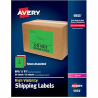 Avery Shipping Label - 8 1/2" (215.90 mm) Width x 11" (279.40 mm) Length - Permanent Adhesive - Rectangle - Laser - Neon Green, Neon Magenta, Neon Yellow - 1 / Sheet - 25 Total Sheets - 25 Total Label(s) - High Visibility - 25 / Box