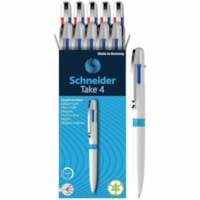 Stylo à bille Take 4 Schneider - 0,5 mm (0,02 po) Moyenne Pointe de stylo - Rechargeable - Rétractable - Ink Vert, Noir, Bleu, Rouge - Barrel Blanc, Bleu clair - 10 / boîte