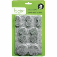 LOGIX Felt Pad - Rectangle, Round - Self-adhesive - Gray - Felt - 25/Pack