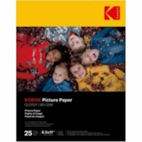 Kodak Picture Paper - Letter - 8 1/2" (215.90 mm) x 11" (279.40 mm) - 48 lb (21772.43 g) Basis Weight - 180 g/m² Grammage - High Gloss - Smudge-free, Printable - 25 Sheets - 25 / Pack