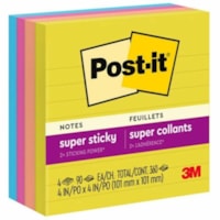 Post-it® Super Sticky Notes 675-4SSJOY, 4 in x 4 in (101 mm x 101 mm) - 270 - 4" (101.60 mm) Flag/Note Width x 4" (101.60 mm) Flag/Note Length - 90 Sheets per Pad - Ruled - Recyclable, Super Sticky, Adhesive - 1 / Each