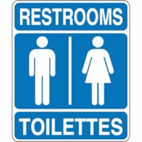 Safety Media Safety Sign - Print/Message "Restrooms/Toilettes" - 14" (355.60 mm) Width x 10" (254 mm) Height x 0.12" (3.05 mm) Depth - Blue, White Print/Message Color - Pre-printed - Indoor, Outdoor, Restroom, Bathroom - Plastic - 1 / Unit