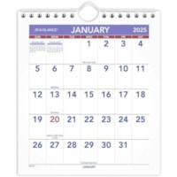 At-A-Glance 2025 Monthly Wall Calendar, Mini, 6 1/2" x 7 1/2" - Small - Monthly - 12 Month - January 2025 - December 2025 - 1 Month Single Page Layout - 6 1/2" (165.10 mm) x 7 1/2" (190.50 mm) Sheet Size - White Sheet - 1.13" (28.58 mm) x 0.75" (19.05 mm) Block - Twin Wire - Wall Mount - Blue, White