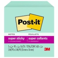 Post-it® Super Sticky Notes 654-5SSMT, 3 in x 3 in (76 mm x 76 mm) - 3" (76.20 mm) Flag/Note Width x 3" (76.20 mm) Flag/Note Length - Square - 90 Sheets per Pad - Fresh Mint - Paper - Sticky, Recyclable, Adhesive, Removable - 1 Each