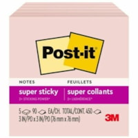 Post-it® Super Sticky Notes 654-5SSPST, 3 in x 3 in (76 mm x 76 mm) - 3" (76.20 mm) Flag/Note Width x 3" (76.20 mm) Flag/Note Length - Square - 90 Sheets per Pad - Pink Salt - Paper - Sticky, Recyclable, Adhesive, Removable - 1 Each