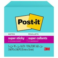 Post-it® Super Sticky Notes, 3 in x 3 in, Aqua Wave, 5 Pads/Pack, 90 Sheets/Pad - 3" (76.20 mm) Flag/Note Width x 3" (76.20 mm) Flag/Note Length - Square - 90 Sheets per Pad - Aqua Wave - Paper - Sticky, Recyclable, Adhesive, Removable - 1 Each