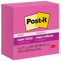 Post-it® Super Sticky Notes 654-5SSPRP, 3 in x 3 in (76 mm x 76 mm) - 3" (76.20 mm) Flag/Note Width x 3" (76.20 mm) Flag/Note Length - Square - 90 Sheets per Pad - Power Pink - Paper - Sticky, Recyclable, Adhesive, Removable - 1 Each