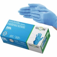 Gants d'examen - Jetable - Sans poudre Globe - épaisseur de gant 4 mil (0,10 mm) - XXL Taille - Pour Main droite / gauche - Nitrile - Bleu ciel - Sans latex, Imperméable, Bouts des doigts texturés, Grande sensibilité tactile, Résistants, Résistant aux d&eacu