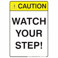 Safety Media Caution Stickers and Signs - "CAUTION WATCH YOUR STEP" Print/Message - 7" (177.80 mm) Width x 10" (254 mm) Height - Rectangular Shape - Yellow, Black Print/Message Color - Durable, Single Sided, Fade Resistant, Pre-printed, Anti-reflective - Safety, Sign - Plastic - 1 / Unit