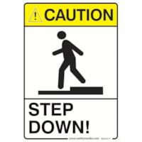 Safety Media Caution Stickers and Signs - "CAUTION STEP DOWN" Print/Message - 7" (177.80 mm) Width x 10" (254 mm) Height - Rectangular Shape - Yellow, Black Print/Message Color - Durable, Single Sided, Fade Resistant, Pre-printed, Anti-reflective - Safety, Sign - Plastic - 1 / Unit