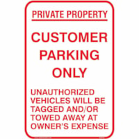 Safety Media Aluminum Parking Sign, Private Property - Customer Parking Only, Red on White - Print/Message "Private Property - Customer Parking Only" - 12" (304.80 mm) Width x 18" (457.20 mm) Height - Rectangular Shape - Red Print/Message Color - Durable, Single Sided, Hanging Hole, Pre-printed, Ant