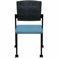 HDL Dune Stackable Armless Guest Chair with Casters, Blue Fabric - Blue Fabric Seat - Black Mesh Back - Black Steel Frame - Mid Back - Four-legged Base - Blue - 1.0