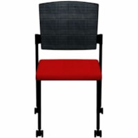 HDL Dune Stackable Armless Guest Chair with Casters, Red Fabric - Red Fabric Seat - Black Mesh Back - Black Steel Frame - Mid Back - Four-legged Base - Red - 1.0