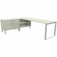 HDL Levels L shaped desk with Mobile Pedestal, Winter Wood , Silver, 59-1/4" x 65" - x 71" (1803.40 mm) x 92.8" (2355.85 mm) x 29" (736.60 mm) - 2 Drawer(s) - Material: Metal, Laminate - Finish: Laminate, Winter Wood - Privacy Panel, Storage Space, Lockable, Locked Storage Unit, Lockable Drawer - Fo