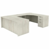 HDL Innovations Desk/Return/Pedestal Set - 71" (1803.40 mm) x 100.5" (2552.70 mm) x 1" (25.40 mm) x 0.8" (19.05 mm), 29" (736.60 mm) Top, Modesty Panel - 3 Drawer(s) - Band Edge - Material: Laminate - Finish: Winter Wood, Laminate - Lockable, Storage Cabinet, Lockable Drawer, Ball Bearing Glide, Mod