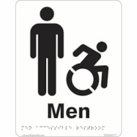 Safety Media Braille/Tactile Washroom Sign, Men Accessible, 6" x 8" - Braille - Print/Message "men's restroom/wheelchair accessible" - 6" (152.40 mm) Width x 8" (203.20 mm) Height - Rectangular Shape - Black Print/Message Color - Double-sided Tape, Pre-printed, Raised Lettering - Safety, Bathroom, S