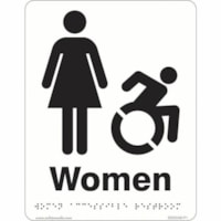 Safety Media Braille/Tactile Washroom Sign, Women Accessible, 6" x 8" - Braille - "Women (Accessible)" Print/Message - 6" (152.40 mm) Width x 8" (203.20 mm) Height - Rectangular Shape - Black Print/Message Color - Double-sided Tape, Pre-printed, Raised Lettering - Bathroom, Safety, Sign - Plastic - 