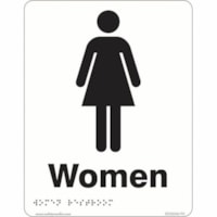 Safety Media Braille/Tactile Washroom Sign, Women, 6" x 8" - Braille - Print/Message "Restroom" , "Women" - 6" (152.40 mm) Width x 8" (203.20 mm) Height - Rectangular Shape - Black Print/Message Color - Double-sided Tape, Pre-printed, Raised Lettering - Safety, Bathroom, Sign - Plastic - 1 / Unit