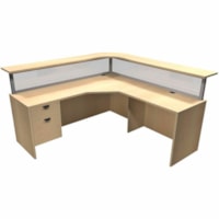 HDL Innovations Desk/Return/Pedestal Set - 1" Gable, 1" Top, 77" x 77" - File, Box Drawer(s) - Band Edge - Material: Powder Coated Aluminum, Wood, Polycarbonate - Finish: Hardrock Maple - Edge Banding, Ball Bearing Slides, Durable, Left-handed Configuration - For Reception Area, File