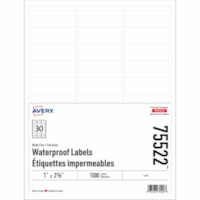 Avery Rectangle Waterproof Labels with Sure Feed Technology - Waterproof - 1" (25.40 mm) Width x 2 5/8" (66.55 mm) Length - Permanent Adhesive - Rectangle - Laser - White - Film - 30 / Sheet - 1500 Total Label(s) - Water Resistant - Tear Resistant, Scuff Resistant, Durable, Smudge Resistant - 1500 /