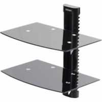 StarTech.com Dual Floating Wall-Mounted AV Shelves, Adjustable Height Shelf For Under TV A/V Equipment, Black Tempered Glass Shelves - Floating wall-mount AV shelves are 5mm thick black tempered glass with an unobstructed surface; Supports 15.4lbs (7kg) per shelf; Mounts to a single wall stud/concre