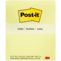 Post-it® Original Notes, Canary Yellow, 3" x 5" , 100 Sheets/Pad, 12 Pads/PK - 1200 x Canary Yellow - 3" Flag/Note Width x 5" Flag/Note Length - Rectangle - 100 Sheets per Pad - Canary Yellow - Paper - Removable, Recyclable, Residue-free, Sticky - 12 / Pack