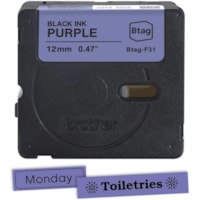 Brother P-touch BTAG-F31 Black on Purple Label Tape - 15/32" (12 mm) Width x 13 1/8 ft (4 m) Length - Purple - Water Resistant - Temperature Resistant, Fade Resistant, Dishwasher Safe, Freezer Safe, Microwave Safe, Easy Peel, Removable, Household Liquid Resistant - 1 Each