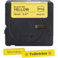 Brother P-touch BTAG-631 Black on Yellow Label Tape - 15/32" (12 mm) Width x 13 1/8 ft (4 m) Length - Black On Yellow - Water Resistant - Temperature Resistant, Fade Resistant, Dishwasher Safe, Freezer Safe, Microwave Safe, Easy Peel, Removable, Household Liquid Resistant - 1 Each