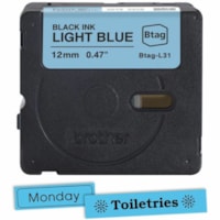 Brother P-touch BTAG-L31 Black on Light Blue Label Tape - 15/32" (12 mm) Width x 13 1/8 ft (4 m) Length - Black on Light Blue - Water Resistant - Temperature Resistant, Fade Resistant, Dishwasher Safe, Freezer Safe, Microwave Safe, Easy Peel, Removable, Household Liquid Resistant - 1 Each