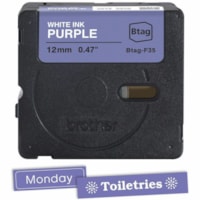 Brother P-touch BTAG-F35 White on Purple Label Tape - 15/32" (12 mm) Width x 13 1/8 ft (4 m) Length - Purple - Water Resistant - Temperature Resistant, Fade Resistant, Dishwasher Safe, Freezer Safe, Microwave Safe, Easy Peel, Removable, Household Liquid Resistant - 1 Each